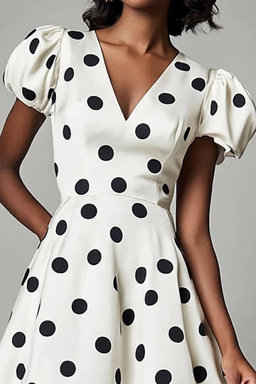 White Black V Neck Summer Polka Dots Dress with Puff Sleeves
